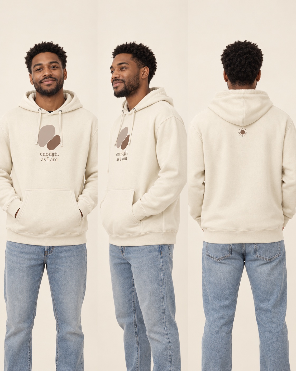 Enough Hoodie shown from the front on a model