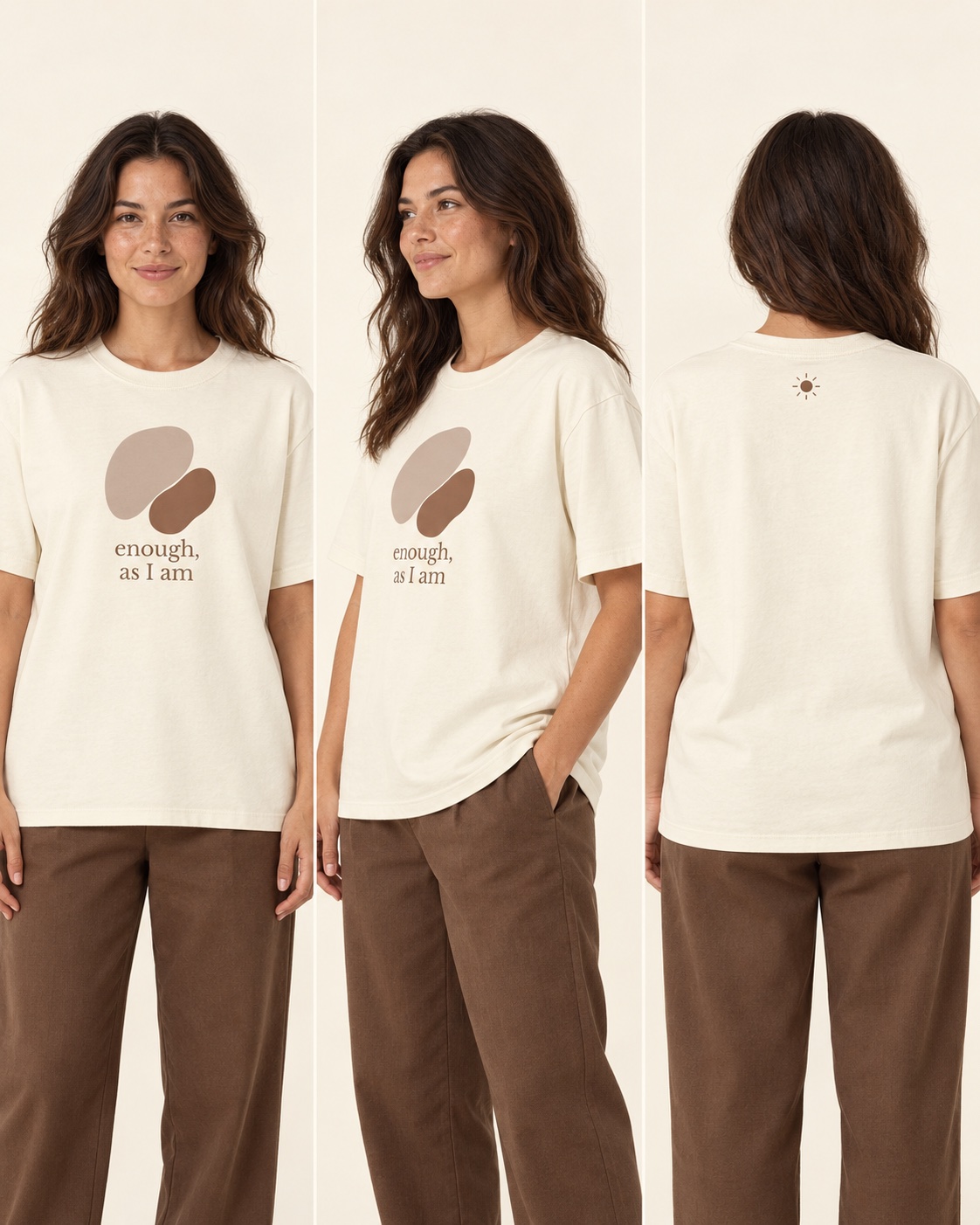 Enough Tee shown from the front on a model