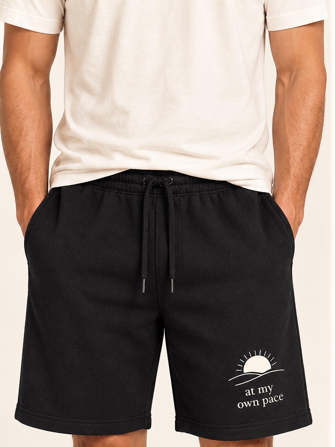 Own Pace black lounge shorts shown on a model